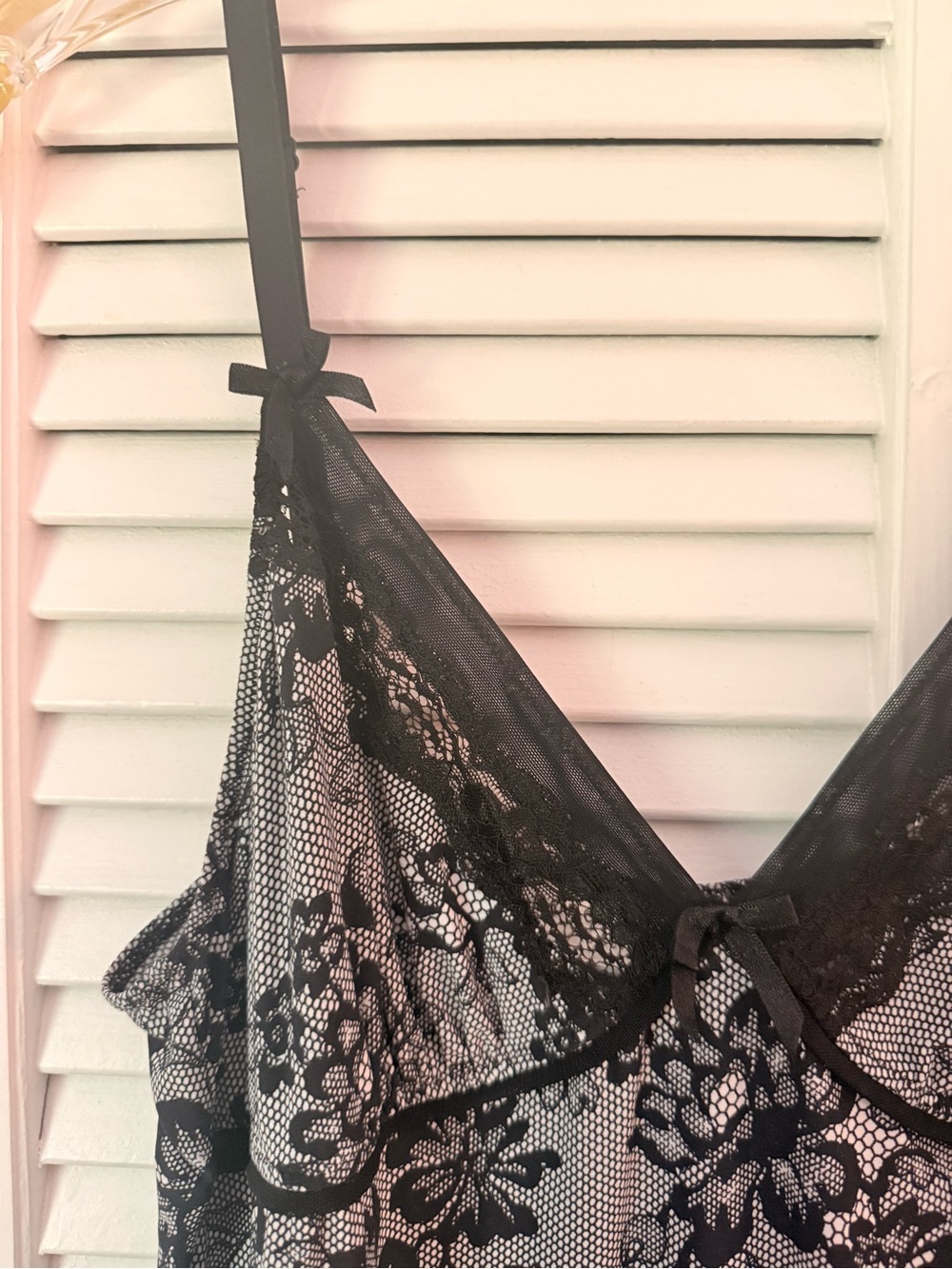 Morgan Taylor Black Lace Chemise with Floral Sheer Panels